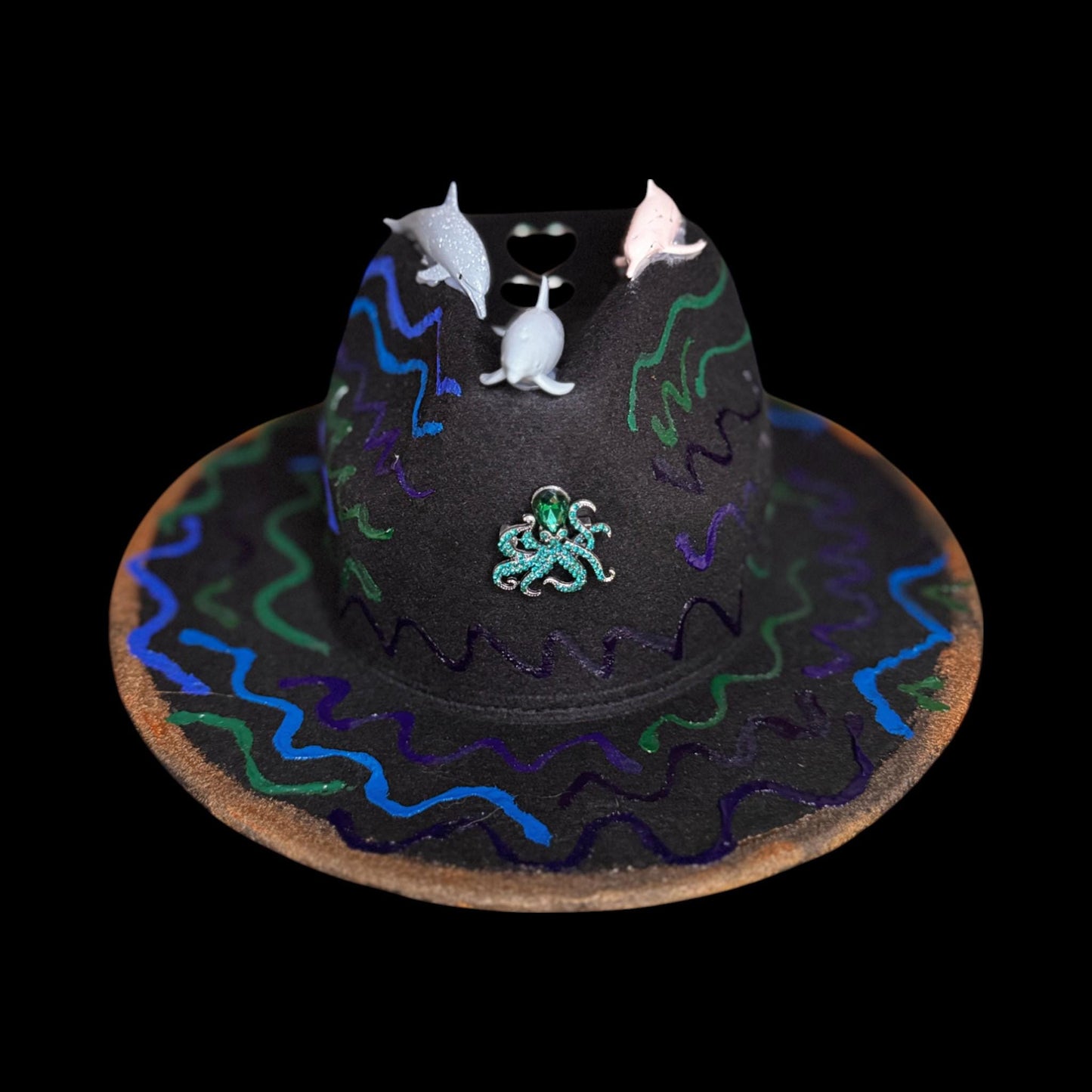 Ocean Festival Hat with Dolphin Trio, Mirror Hearts & Octopus Brooch – UV Glow Blacklight Fedora for Burning Man Psychedelic Raves Party Hat