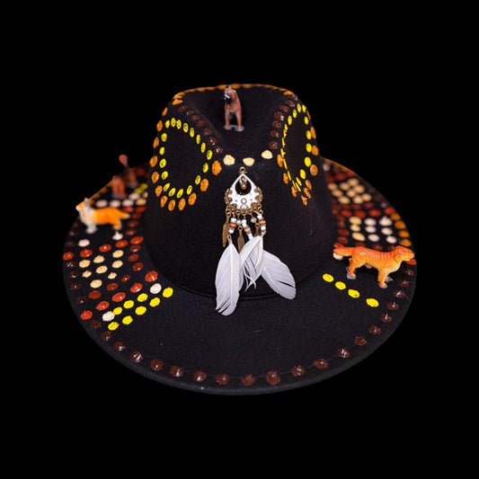 Boho Festival Hat with Dog Totems, Painted Mandala Dots & Feathers | Spirit Animal Hat for Burning Man, Coachella, Raves
