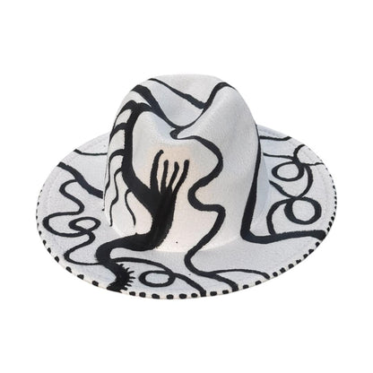 REACH FEEL ABSORB White Black Abstract Fedora – Hand-Painted Fedora Hat, Unique Art Hat, Daily Outfit, Wearable Art Statement Piece Tribal
