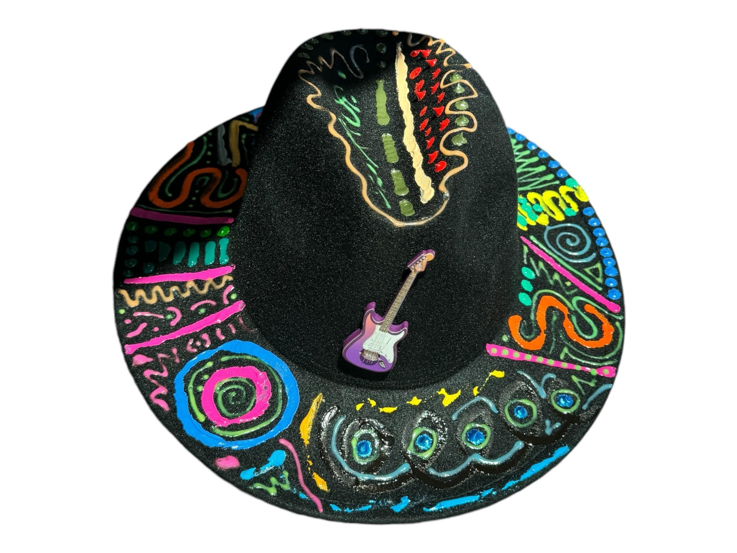 Psychedelic guitar festival hat, hand-painted, vibrant colors, festival-ready, perfect for Burning Man, concerts, rave, party, costume event