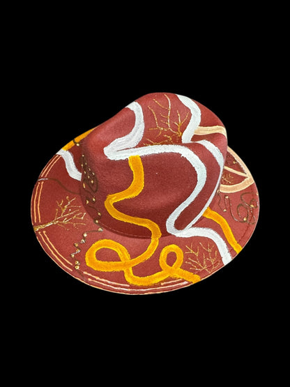 TREE OF LIFE Boho hand-painted earth-tone fedora with tree of life and gold detail, everyday artistic statement hat in red, ochre, and white