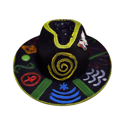 Black Symbolic Butterfly Fedora – Hand-Painted Festival Hat with Glow Detail & Spiritual Symbols – Unique Psy Wear for Burning Man