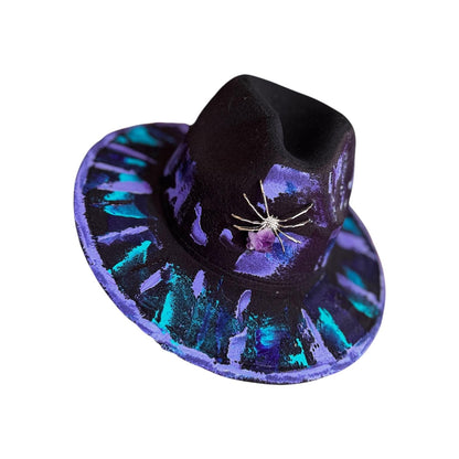 Amethyst Spider Fedora—Hand-Painted Black Hat with Purple & Turquoise Brushstrokes, Amethyst Crystal Brooch, Festival Gothic Hat