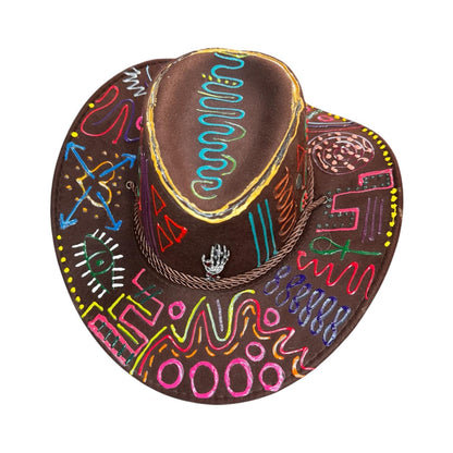 PSYCHOWBOY Brown psychedelic rave hat with neon hand-painted tribal symbols, wearable art, unique Burning Man festival fashion by Qreine