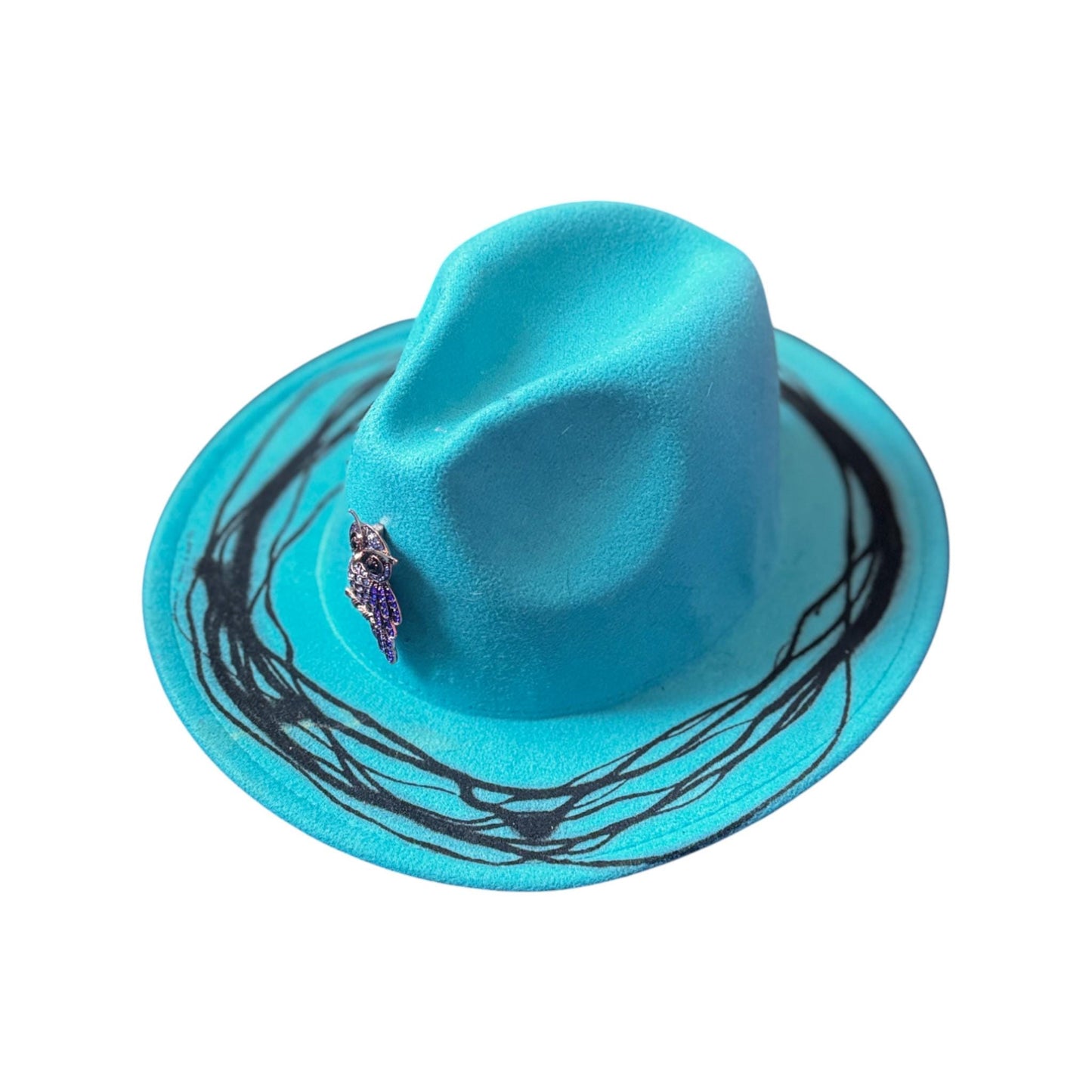 Turquoise Modifiable Size Fedora – Hand-Painted, Black Ink Art, Owl Brooch, Unique Festival Hat, Rave & Burning Man Fashion
