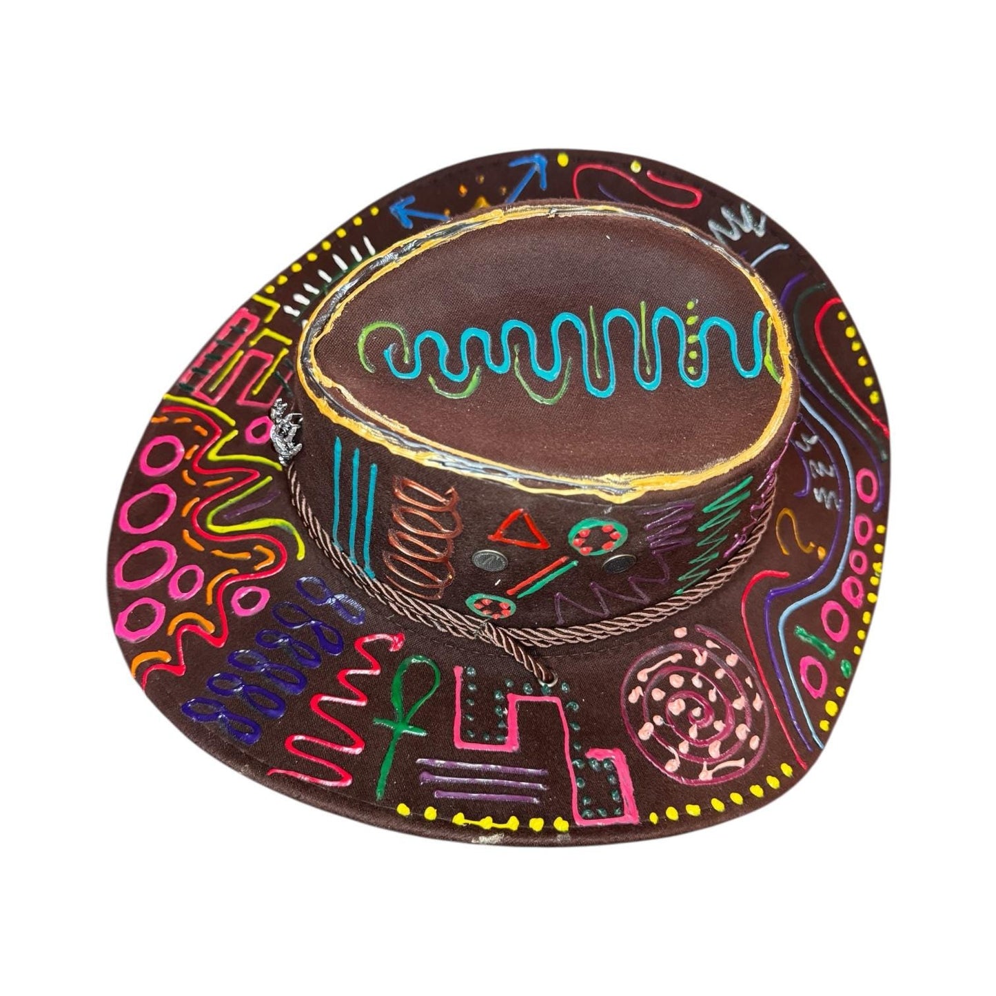 PSYCHOWBOY Brown psychedelic rave hat with neon hand-painted tribal symbols, wearable art, unique Burning Man festival fashion by Qreine
