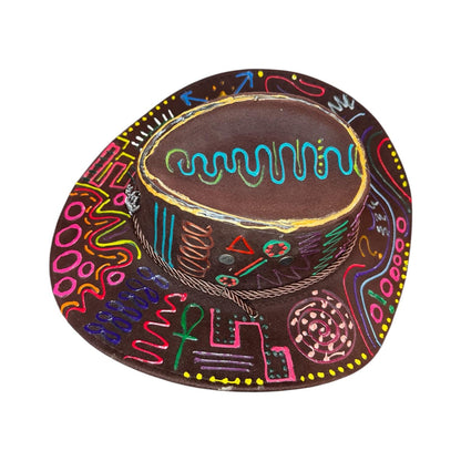PSYCHOWBOY Brown psychedelic rave hat with neon hand-painted tribal symbols, wearable art, unique Burning Man festival fashion by Qreine