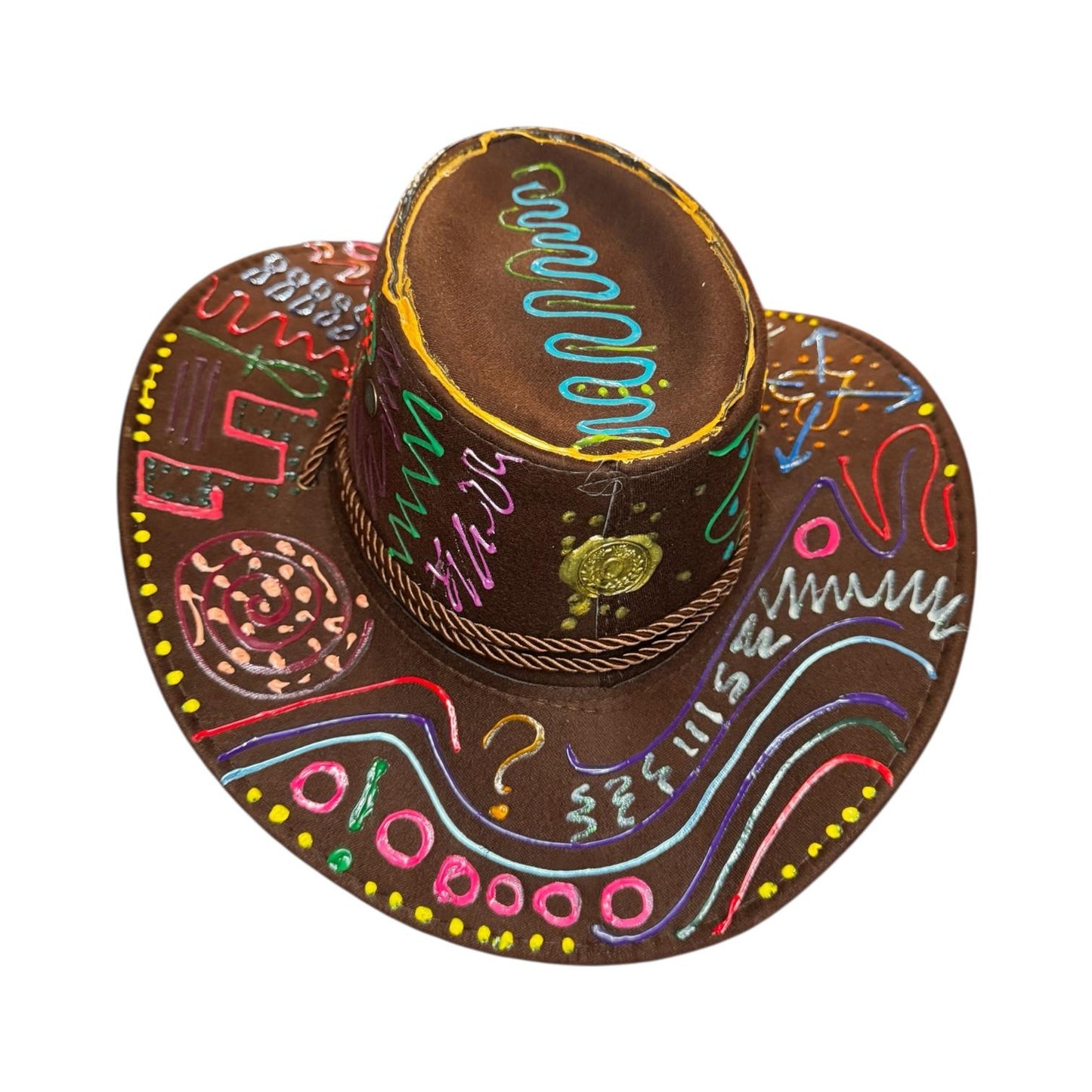 PSYCHOWBOY Brown psychedelic rave hat with neon hand-painted tribal symbols, wearable art, unique Burning Man festival fashion by Qreine