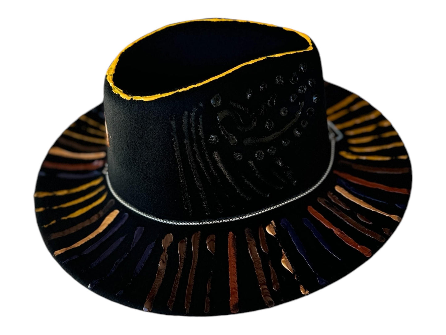 Handmade Black Festival Hat with Bold Yellow and Bronze Accents – Unisex Statement Hat for Men & Women, Perfect for Events and Raves