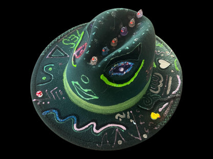 Green Festival Fedora Hat with Glow-in-the-Dark Eyes, Music Notes, and Abstract Symbols – Handmade Rave and Artistic Statement Hat