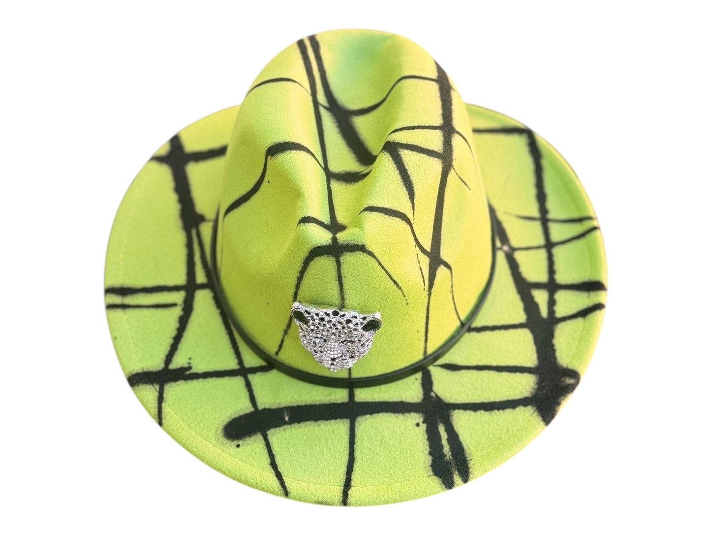 GREEN PANTHER Neon Green Fedora with Black Abstract Art and Leopard Brooch - Handmade Festival Hat