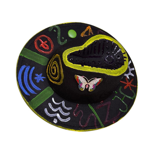 Black Symbolic Butterfly Fedora – Hand-Painted Festival Hat with Glow Detail & Spiritual Symbols – Unique Psy Wear for Burning Man