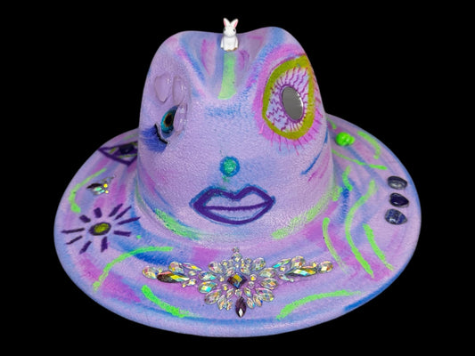 Psychedelic Glow in the Dark Neon Lavender Face Hat – Eye & Bunny Festival Fedora, UV Reactive, Handpainted by Ilgaz Kuren – Modifiable Size