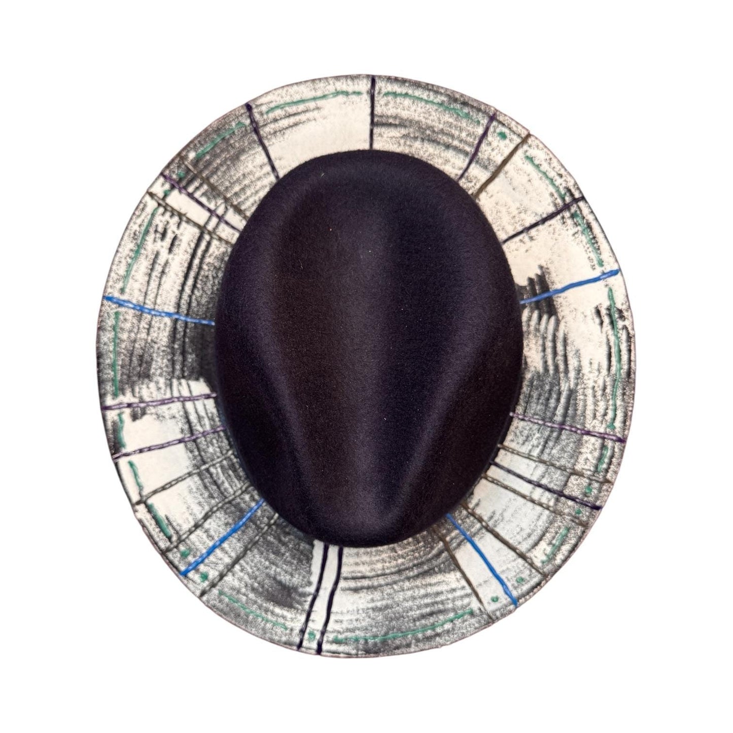 OCEAN CIRCUIT hand-painted dark blue men’s hat with white textured brim, linear brushstrokes, and abstract color artistic geometric style 57