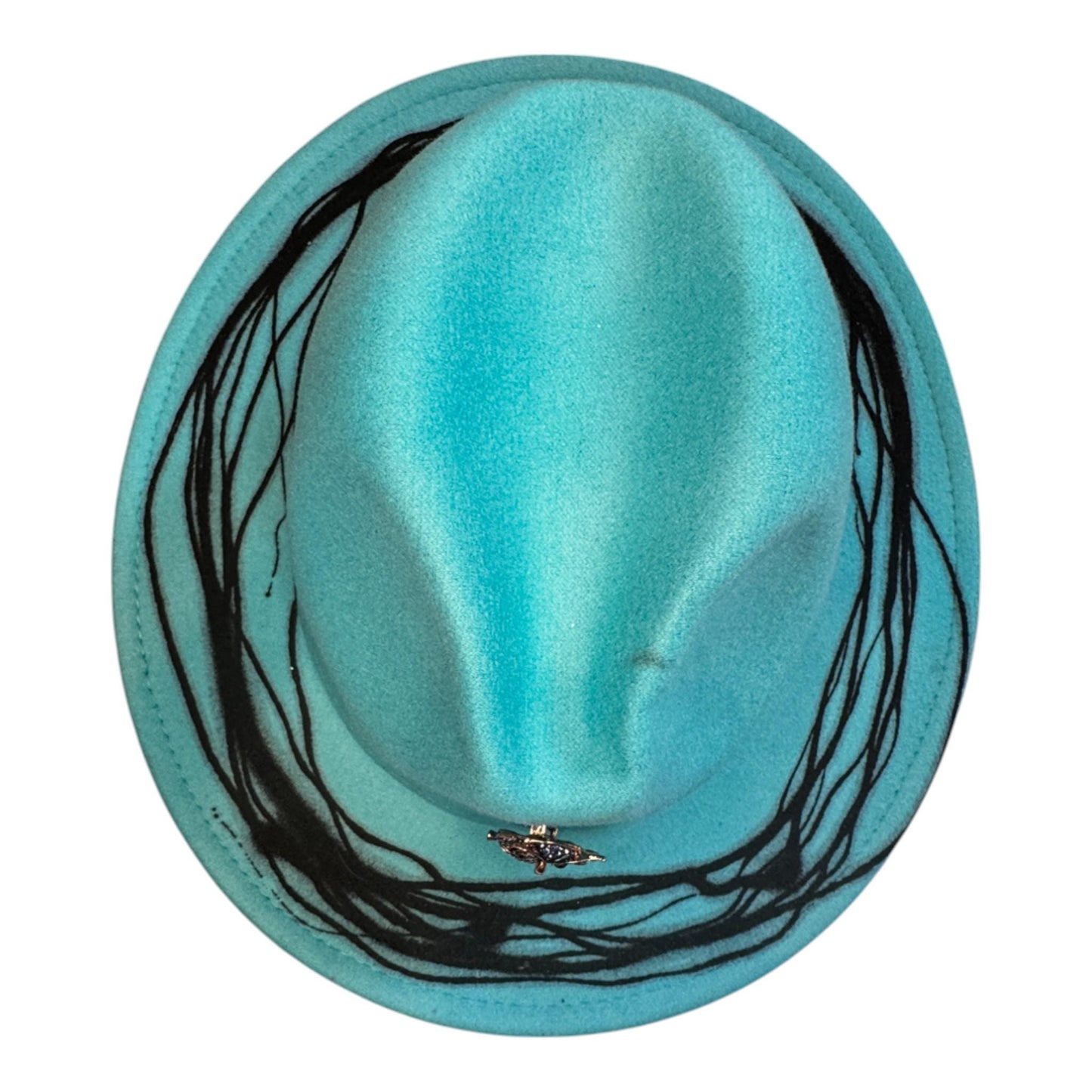 Turquoise Modifiable Size Fedora – Hand-Painted, Black Ink Art, Owl Brooch, Unique Festival Hat, Rave & Burning Man Fashion