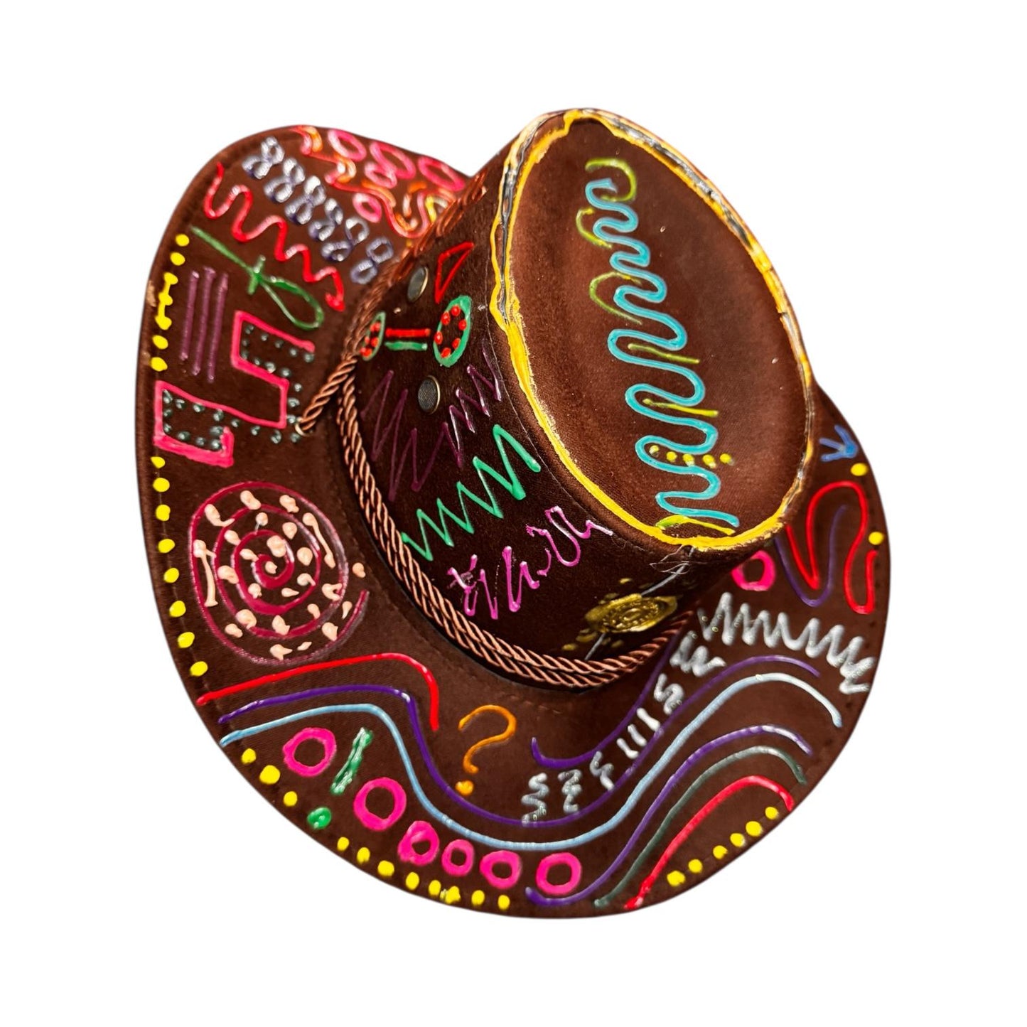 PSYCHOWBOY Brown psychedelic rave hat with neon hand-painted tribal symbols, wearable art, unique Burning Man festival fashion by Qreine