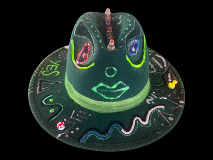 Green Festival Fedora Hat with Glow-in-the-Dark Eyes, Music Notes, and Abstract Symbols – Handmade Rave and Artistic Statement Hat