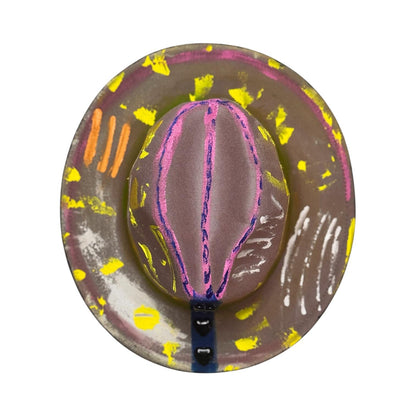 Unisex Pastel Neon Glow Fedora—Hand Painted Festival Hat with UV Splatter Heart Studs Psy Rave Art Hat for Burning Man & Festivals like LIB