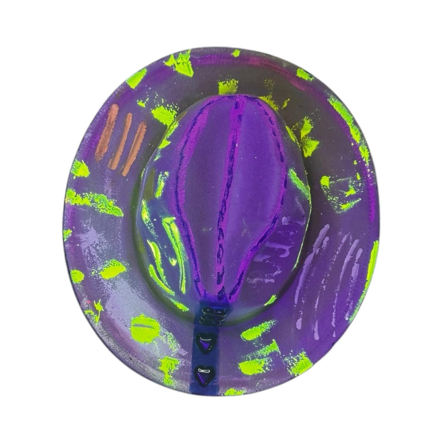 Unisex Pastel Neon Glow Fedora—Hand Painted Festival Hat with UV Splatter Heart Studs Psy Rave Art Hat for Burning Man & Festivals like LIB