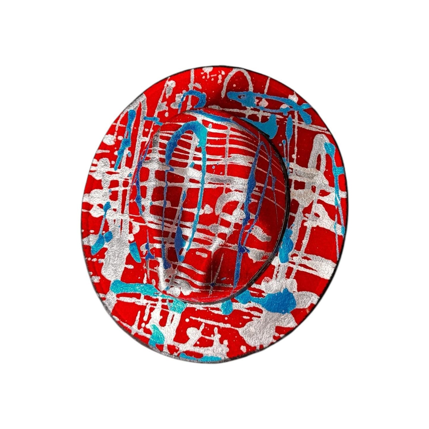 Red Psychedelic Splatter Fedora—Glow-Ready Festival Hat with Silver & Blue Paint, Coachella Burning Man Outfit, Unisex Rave Wear