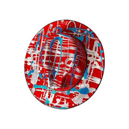 Red Psychedelic Splatter Fedora—Glow-Ready Festival Hat with Silver & Blue Paint, Coachella Burning Man Outfit, Unisex Rave Wear