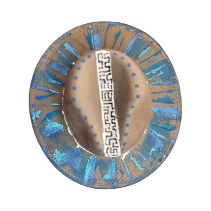 SOL RELIC – Abstract Grey and Blue Men’s Hat with Tribal-Inspired Stitching and Geometric Brim Artwork