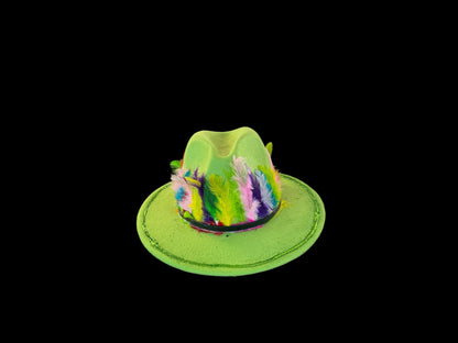 Handcrafted Lawn Green Hat with Rainbow Feathers and Festival, Rave, Halloween Party Hat, Colorful Fedora for Burning Man or Pride Events
