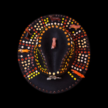 Boho Festival Hat with Dog Totems, Painted Mandala Dots & Feathers | Spirit Animal Hat for Burning Man, Coachella, Raves