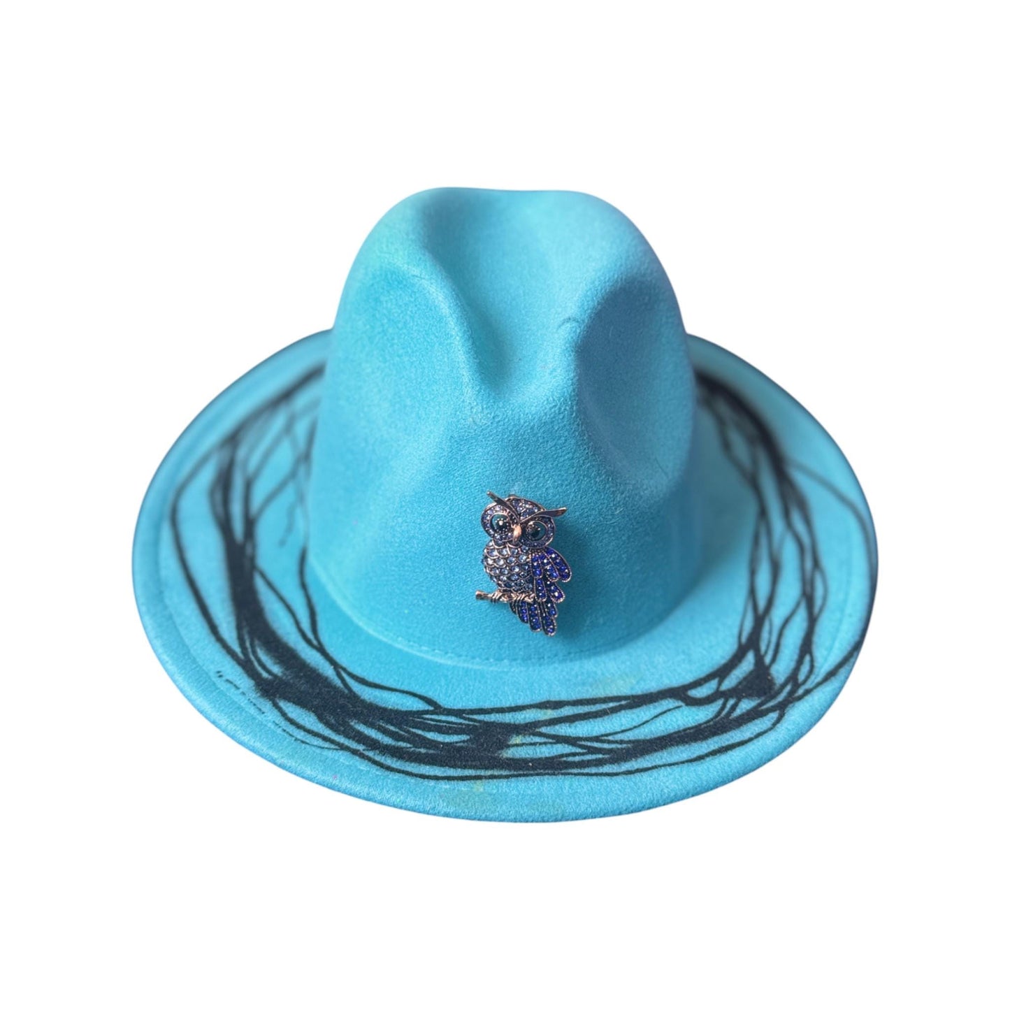 Turquoise Modifiable Size Fedora – Hand-Painted, Black Ink Art, Owl Brooch, Unique Festival Hat, Rave & Burning Man Fashion