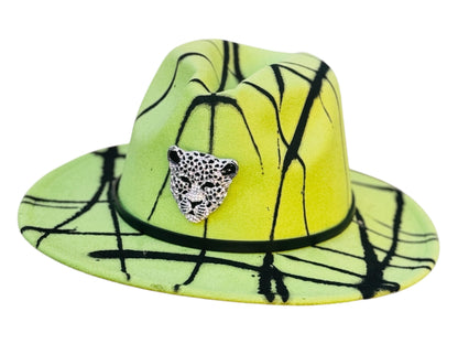 GREEN PANTHER Neon Green Fedora with Black Abstract Art and Leopard Brooch - Handmade Festival Hat