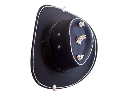 Follow the White Rabbit Festival Hat – Psychedelic Western Black Cowboy Fedora with Mini Bunnies for Burning Man & Big Stick Vibes