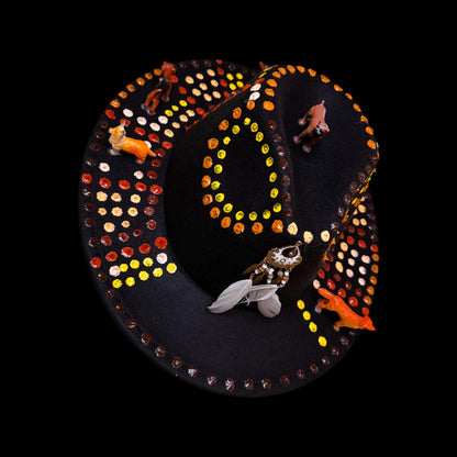 Boho Festival Hat with Dog Totems, Painted Mandala Dots & Feathers | Spirit Animal Hat for Burning Man, Coachella, Raves