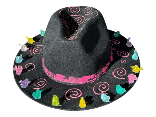 DINO LAND UV Festival Hat with Cute Dinosaur Charms, Pink Spiral Fedora, Rave Hat, Burning Man Accessory, Party Costume Hat, Fun Gothic Hat