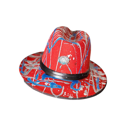 Red Psychedelic Splatter Fedora—Glow-Ready Festival Hat with Silver & Blue Paint, Coachella Burning Man Outfit, Unisex Rave Wear