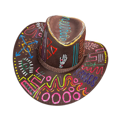 PSYCHOWBOY Brown psychedelic rave hat with neon hand-painted tribal symbols, wearable art, unique Burning Man festival fashion by Qreine