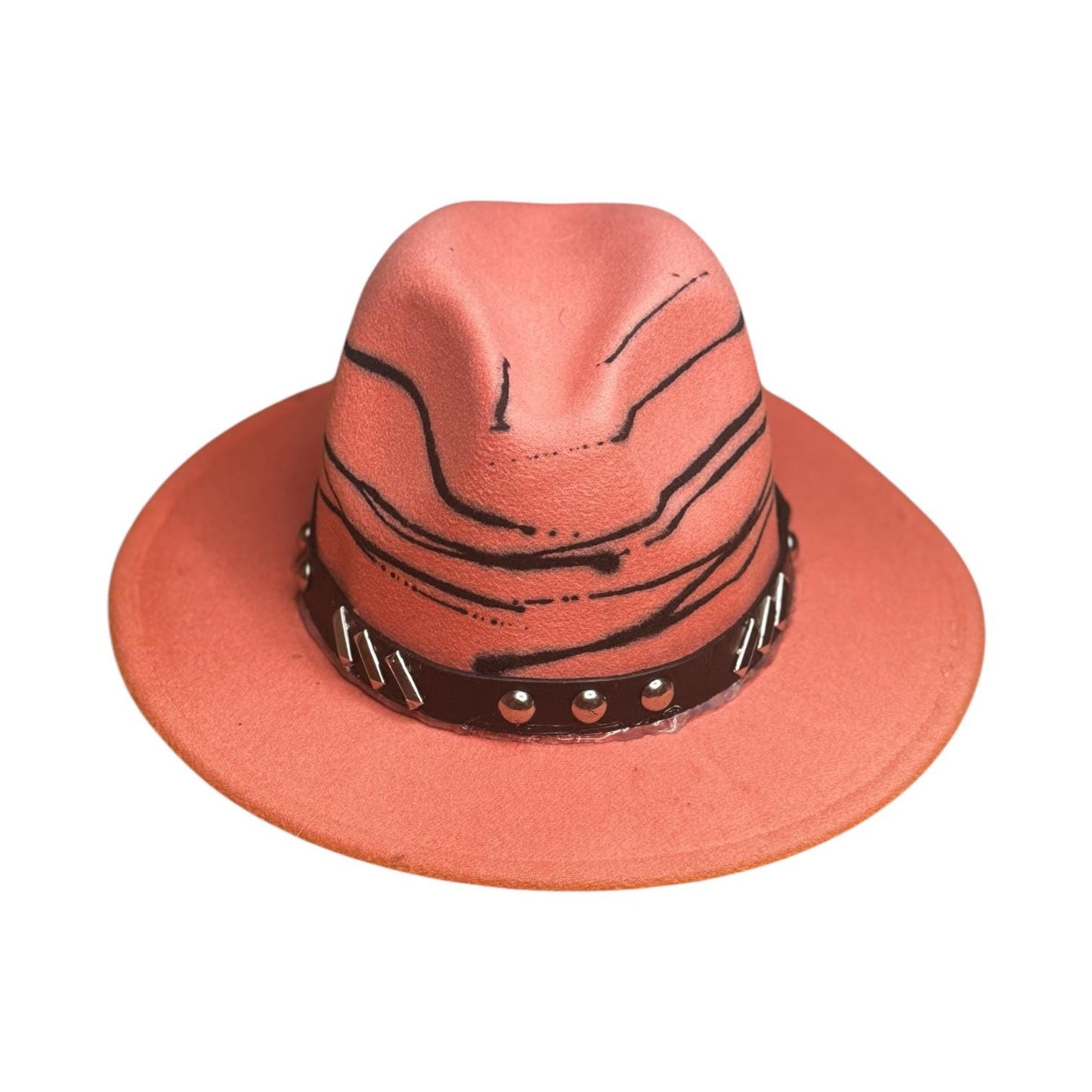 Terracotta Desert Line Fedora – Hand-Painted Burnt Orange Hat with Studded Band – Boho Rave Hat for Burning Man & Festival Fashion