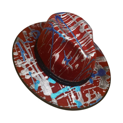 Red Metallic Splatter Fedora – Hand-Painted Rave Hat in Silver & Blue – Festival Art Hat for Burning Man, Coachella, and Psy Parties