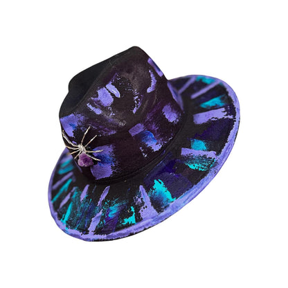 Amethyst Spider Fedora—Hand-Painted Black Hat with Purple & Turquoise Brushstrokes, Amethyst Crystal Brooch, Festival Gothic Hat
