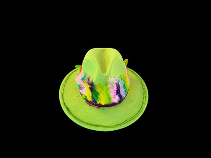 Handcrafted Lawn Green Hat with Rainbow Feathers and Festival, Rave, Halloween Party Hat, Colorful Fedora for Burning Man or Pride Events