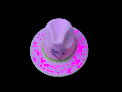 Glow-in-the-Dark Neon Handmade Heart Fedora, Festival Rave Hat, Neon Hat, UV Reactive Hat, Unique Fedora Valentine's Day, Valentine Gift