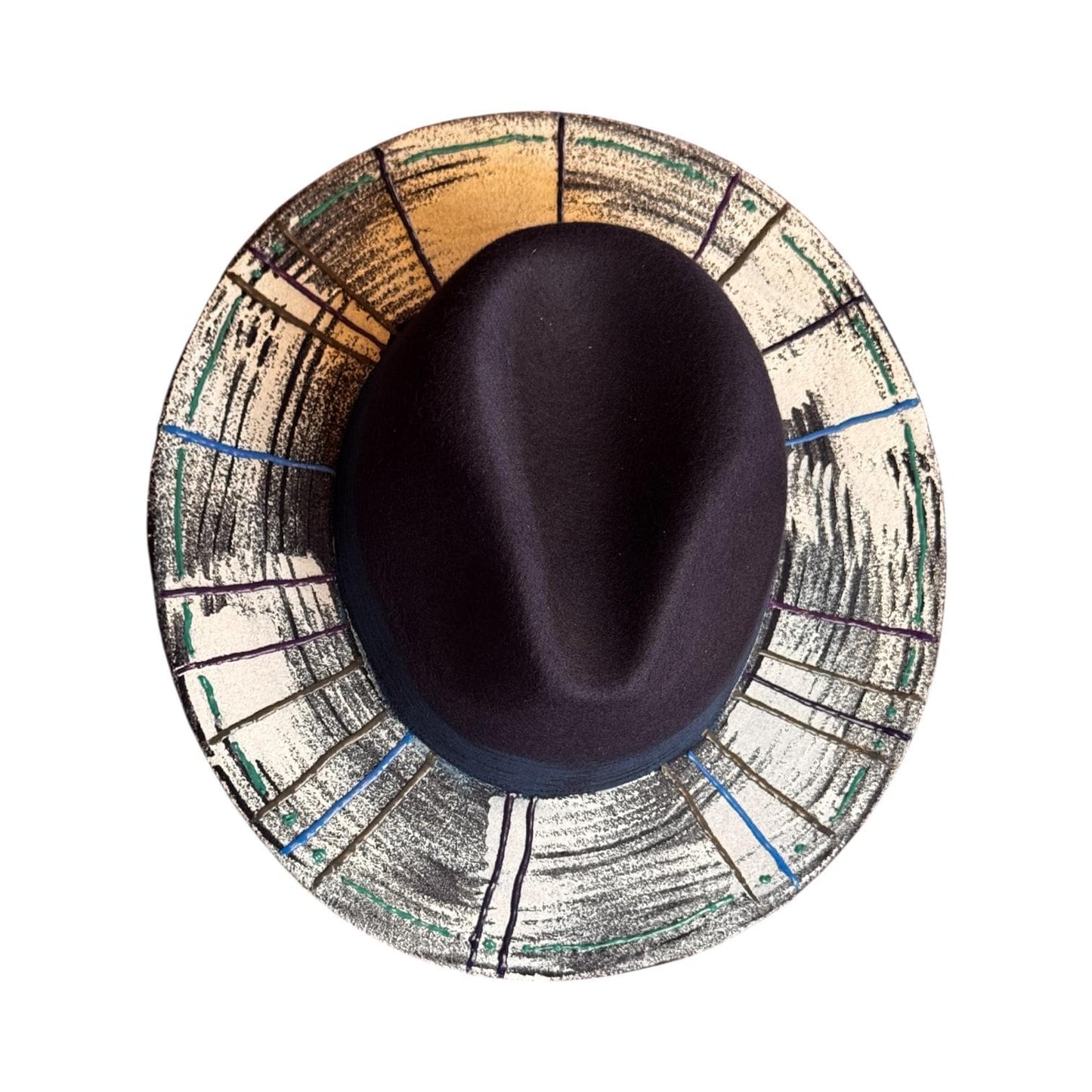 OCEAN CIRCUIT hand-painted dark blue men’s hat with white textured brim, linear brushstrokes, and abstract color artistic geometric style 57