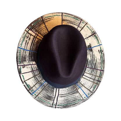 OCEAN CIRCUIT hand-painted dark blue men’s hat with white textured brim, linear brushstrokes, and abstract color artistic geometric style 57
