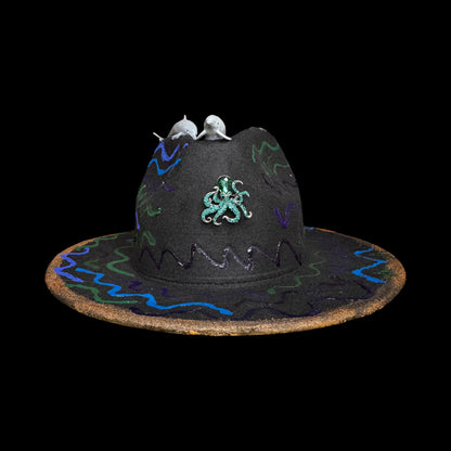 Ocean Festival Hat with Dolphin Trio, Mirror Hearts & Octopus Brooch – UV Glow Blacklight Fedora for Burning Man Psychedelic Raves Party Hat