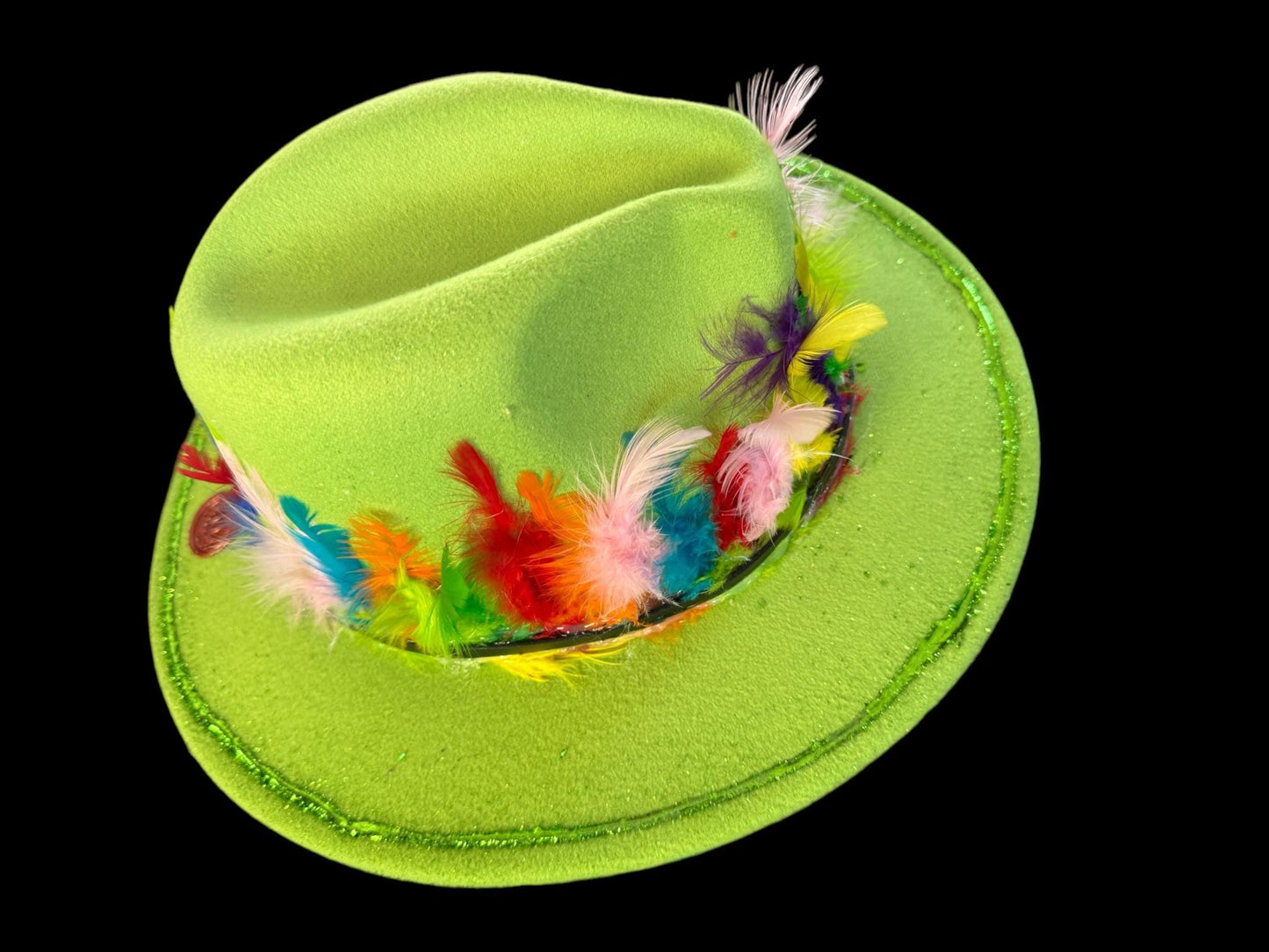 Handcrafted Lawn Green Hat with Rainbow Feathers and Festival, Rave, Halloween Party Hat, Colorful Fedora for Burning Man or Pride Events