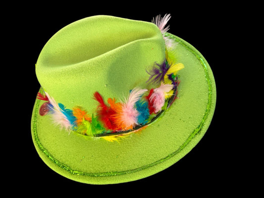 Handcrafted Lawn Green Hat with Rainbow Feathers and Festival, Rave, Halloween Party Hat, Colorful Fedora for Burning Man or Pride Events