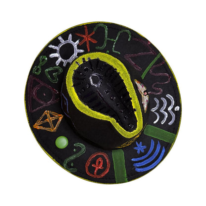 Black Symbolic Butterfly Fedora – Hand-Painted Festival Hat with Glow Detail & Spiritual Symbols – Unique Psy Wear for Burning Man
