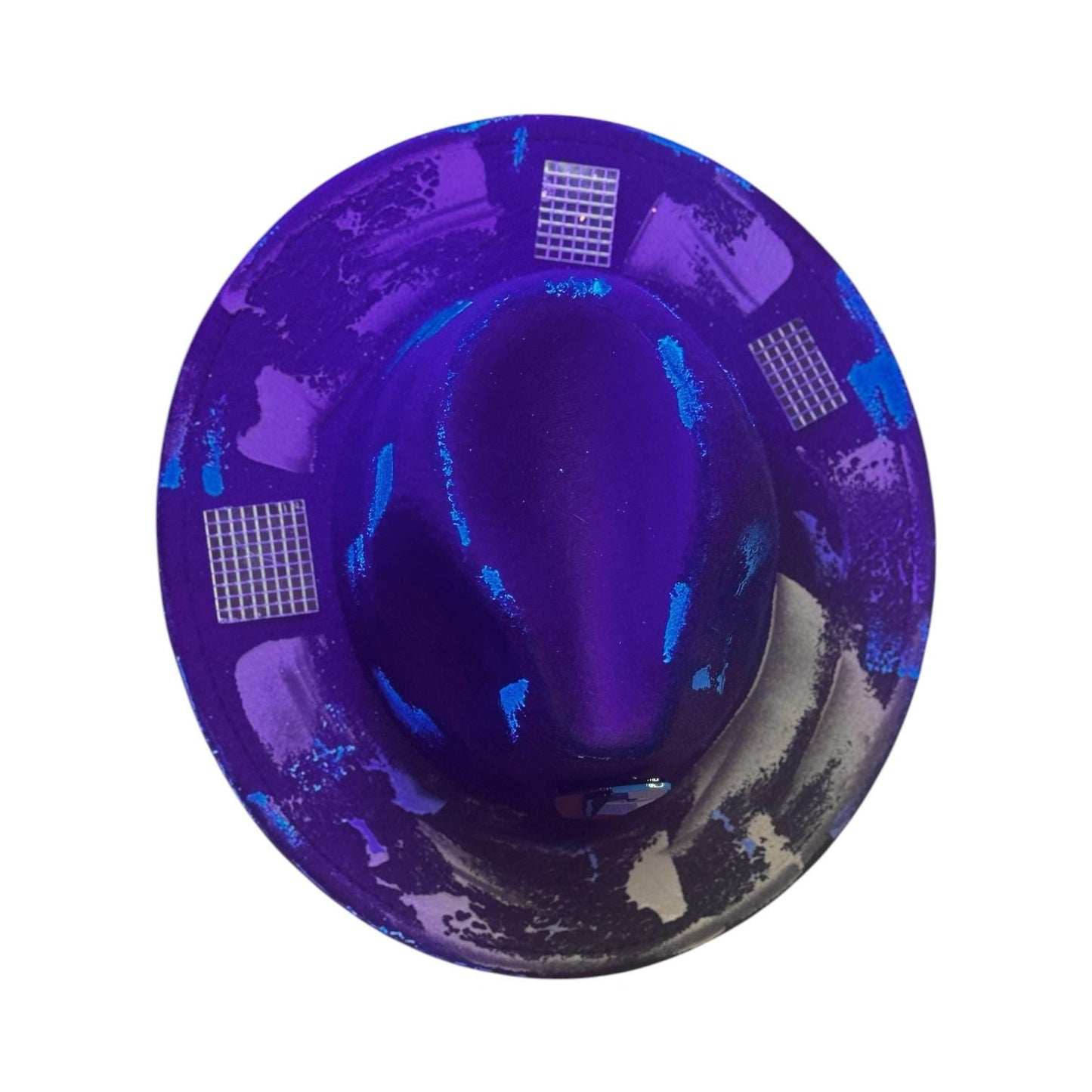 Blacklight Fedora Hat with UV Blue Splashes, Abstract Pattern, Face Pin Detail, Burning Man Festival Wear, Unisex Statement Hat