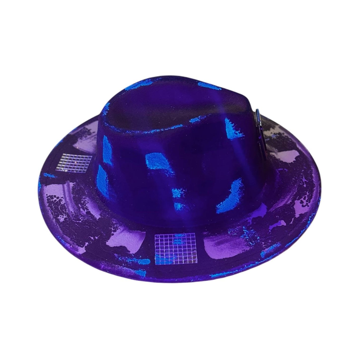 Blacklight Fedora Hat with UV Blue Splashes, Abstract Pattern, Face Pin Detail, Burning Man Festival Wear, Unisex Statement Hat