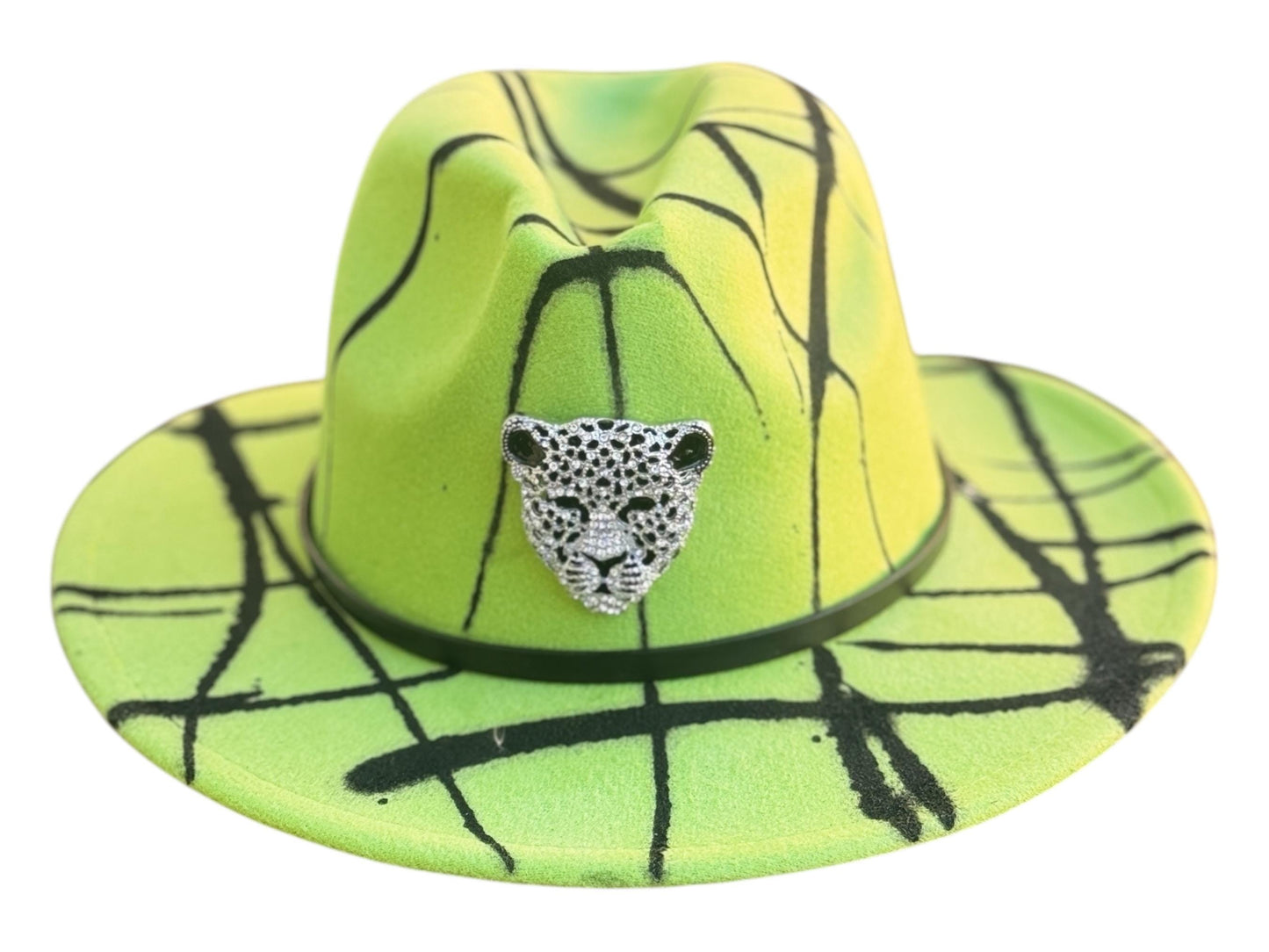 GREEN PANTHER Neon Green Fedora with Black Abstract Art and Leopard Brooch - Handmade Festival Hat