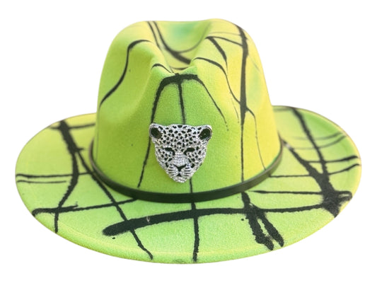GREEN PANTHER Neon Green Fedora with Black Abstract Art and Leopard Brooch - Handmade Festival Hat
